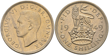 Великобритания 1 шиллинг 1949 Георг VI (1936-1952), Английский герб KM 876, Spink 4108 медно-никель 4591-653