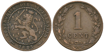 Нидерланды 1 цент 1883 Виллем III (1849-1890) KM 107 бронза 4615-564