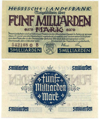 Германия, Дармштадт 5000000000 марок (5 миллиардов марок) 1923 1 октября 1923, нотгельд, земля Гессен, номер, снежинка, серия В, Hessesche Landesbank Keller 956е  бумага  UNC (пресс) 8613-22-3-2