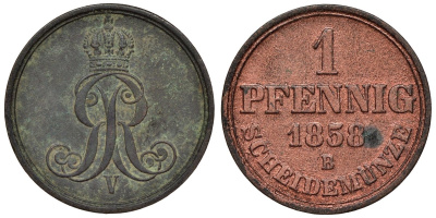 Ганновер 1 пфенниг 1858 B, Георг V KM 233, AKS 156, J. 90 медь 4594-519