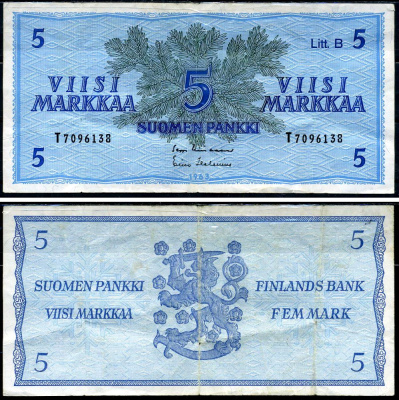 Финляндия 5 марок 1963 Pick 106Aa(50) бумага 00-00-00