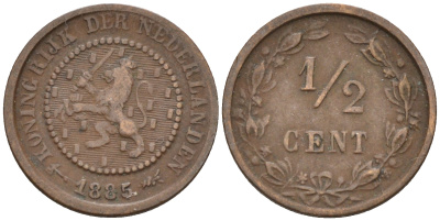 Нидерланды 1/2 цента 1885 Виллем III (1849-1890) КМ 109 бронза    4174-531