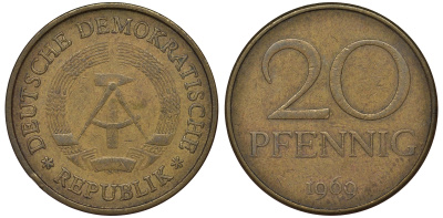 ГДР 20 пфеннигов 1969 А, первый год KM 11 латунь 62-1222
