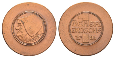 Аахен медаль с изображением монеты в 1 грош 1920 (1979) экземпляр 3.000 штук, был отчеканен по случаю вручении международной премии имени Карла Великого в 1979 году медь UNC 1528-644