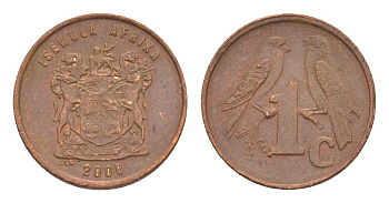 ЮАР 1 цент 2000 герб, капские воробьи KM 170 сталь плакированная медью 4602-239