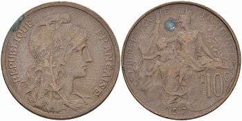Франция 10 сантимов 1917 тип Даниэль Дюпюи KM 843, LA FRANC 136.29 бронза 109-426