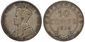 Ньюфаундленд 50 центов 1918 С, Георг V (1910-1936) KM 12 серебро 4044-931