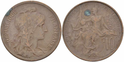 Франция 10 сантимов 1917 тип Даниэль Дюпюи KM 843, LA FRANC 136.29 бронза 109-426