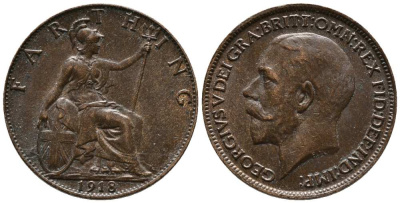 Великобритания 1 фартинг 1918 Георг V (1910-1936) KM 808.2, Spink 4060 бронза aUNC 117-641