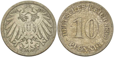 ГЕРМАНИЯ 10 ПФЕННИГОВ 1898 J KM 12, J. 13, Weege 8 медно-никель 261-1321