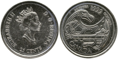 КАНАДА 25 ЦЕНТОВ 1999 СЕРИЯ МИЛЛЕНИУМ, ОКТЯБРЬ, ЕЛИЗАВЕТА II (1952-), ТРЕТИЙ ПОРТРЕТ В КОРОНЕ KM 351 никель UNC 4543-814
