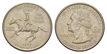 США 25 центов = квотер = 1/4 доллара 1999 P, квотер штата Делавэр KM 293 медь плакированная медно-никелем 4171-131