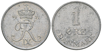 Дания 1 эре 1971 C; S, Фредерик IX (1947-1972) KM 839.2 цинк 4617-1053