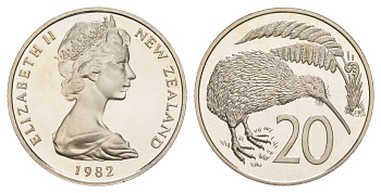 Новая Зеландия 20 центов 1982 тираж 18.000 экземпляров KM 36 медно-никель PROOF 413-342