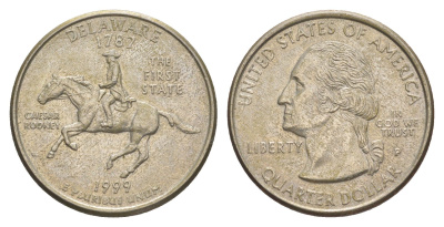 США 25 центов = квотер = 1/4 доллара 1999 P, квотер штата Делавэр KM 293 медь плакированная медно-никелем 4171-131