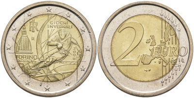Италия 2 евро 2006 XX зимние Олимпийские игры в Турине 2006 года, лыжник KM 246 биметалл UNC M12-01
