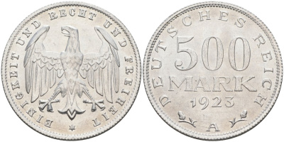 Германия 500 марок 1923 А KM 36, J.305 алюминий UNC 4587-434
