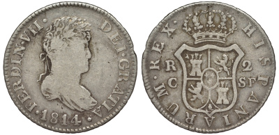 Испания 2 реала 1814 SF, ФЕРДИНАНД VII KM 464 (C134.1) серебро 00-00