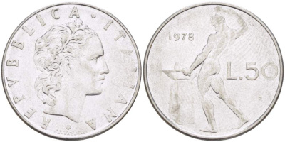 ИТАЛИЯ 50 ЛИР 1978 R, КУЗНЕЦ, ВУЛКАН БОГ ОГНЯ, ДИАМЕТР 25 ММ. KM 95.1 нержавеющая сталь 110-755