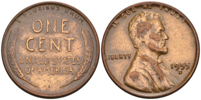 США 1 цент 1955 D KM А132 медь цинк    4115-313