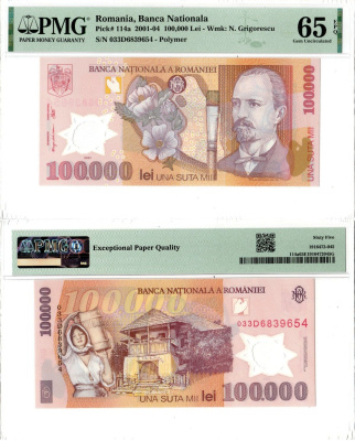 Румыния 100000 леев 2001 Николае Григореску, цветы мальвы, крестьянка, Румынский "Кулэ" в Олтении. В слабе PMG 65 gem uncirculated Pick 114 a пластик UNC (пресс) 452-2-121