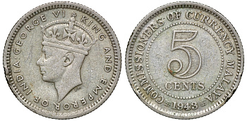 Британская Малайя 5 центов 1943 Георг VI (1937-1952) KM 3a серебро 53-131
