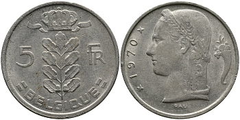 БЕЛЬГИЯ 5 ФРАНКОВ 1970 BELGIQUE KM 134.1 медно-никель 98-642
