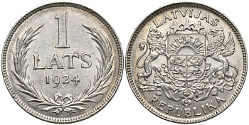 Латвия 1 лат 1924 Первая республика (1918-1939) KM 7 серебро 27-1234