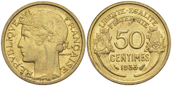 ФРАНЦИЯ 50 САНТИМОВ 1938 ТИП MORLON KM 894.1, LE FRANC 192.14 алюминиевая бронза 44-747