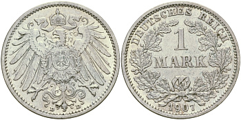 Германия 1 марка 1907 D Weege 18, J. 17, KM 14 серебро aUNC 65-216