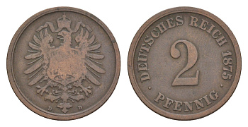 Германия 2 пфеннига 1875 D, Вильгельм I (1871-1888) KM 2, J. 2, Weege 3 медь 4639-1163