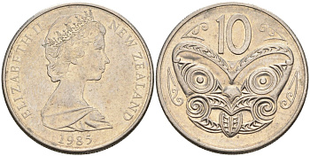 Новая Зеландия 10 центов 1985 Елизавета II (1952-2022), маска маори KM 41.1 медно-никель 4126-1232