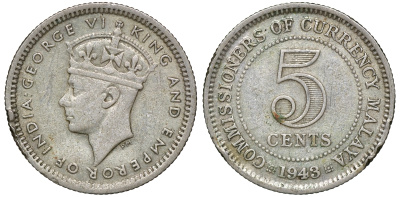 Британская Малайя 5 центов 1943 Георг VI (1937-1952) KM 3a серебро 53-131
