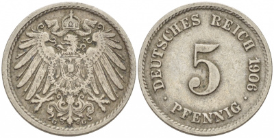 ГЕРМАНИЯ 5 ПФЕННИГОВ 1906 G, KM 11, J. 12 медно-никель 3955-645