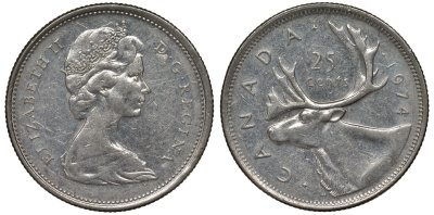 Канада 25 центов 1974 олень карибу, Елизавета II (1952-) KM 62b никель 4128-644