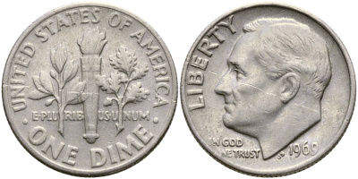 США 10 ЦЕНТОВ = 1 ДАЙМ 1969 РУЗВЕЛЬТ KM 195а медь плакированная медно-никелем 51-5254