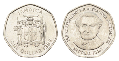 Ямайка 1 доллар 1996 Александр Бустаманте KM 164 сталь плакированная никелем UNC 4664-744
