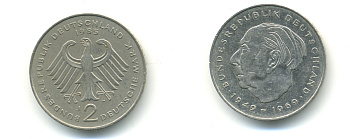 ФРГ 2 марки 1985 J, Теодор Хойс KM 127, J. 407 медно-никель плакированный никелем 83-1911