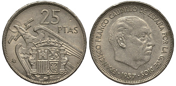 ИСПАНИЯ 25 ПЕСЕТ 1957 (68) ФРАНСИСКО ФРАНКО ДИКТАТОР ИСПАНИИ (1939-1975) KM 787 медно-никель VG 4185-542