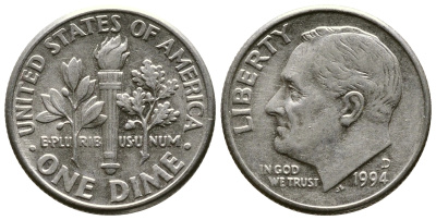 США 10 ЦЕНТОВ = 1 ДАЙМ 1994 D, РУЗВЕЛЬТ KM 195а медь плакированная медно-никелем 57-1254