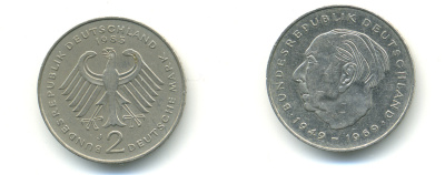 ФРГ 2 марки 1985 J, Теодор Хойс KM 127, J. 407 медно-никель плакированный никелем 83-1911