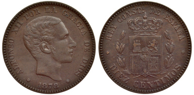 ИСПАНИЯ 10 СЕНТИМО 1878 ОМ, АЛЬФОНСО XII (1874-1885) KM 675 бронза 1521-242