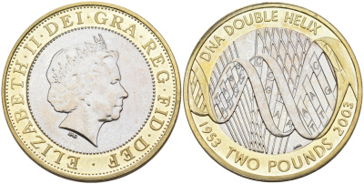 Великобритания 2 фунта 2003 Елизавета II (1952-2022), 50 лет открытию структуры ДНК KM 1037, Spink 4577 (K16) биметалл UNC 00-00