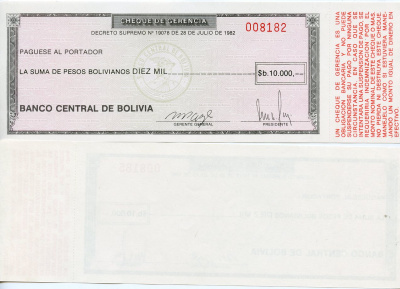 Боливия 10000 песо боливиано 1982 чрезвычайный выпуск, чек Pick 173 a  бумага  UNC (пресс) 444-58-1-1