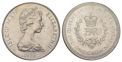 Остров Мэн 1 крона 1977 25 лет правления Королевы Елизаветы II монограмма ERII KM 42 медно-никель BU 3897-923