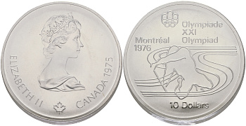 Канада 10 долларов 1975 XXI летние Олимпийские игры в Монреале 1976 года, гребля на каяке KM 105 серебро UNC 01-181-22