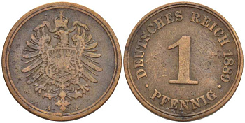 ГЕРМАНИЯ 1 ПФЕННИГ 1889 A, СТАРОГЕРБОВКА KM 1, J. 1, Weege 1 медь 206-1265
