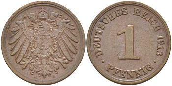ГЕРМАНИЯ 1 ПФЕННИГ 1913 A KM 10, J. 10, Weege 2 медь 211-467