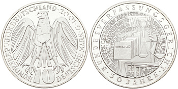 ФРГ 10 марок 2001 G, 50 лет Федерального Конституционного суда Германии KM 206 серебро UNC 4111-424