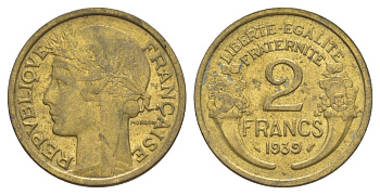 Франция 2 франка 1939 тип Morlon KM 886, Le Franc 268.12 алюминиевая бронза 4631-541